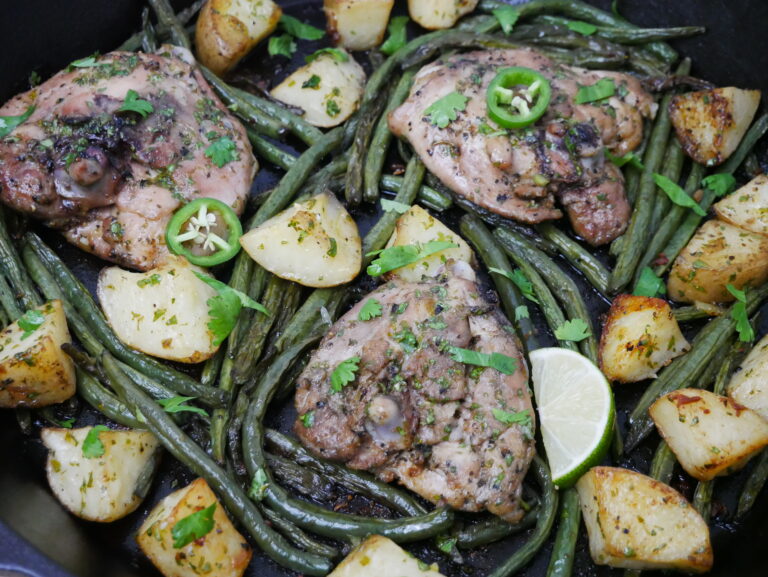 One-Pan Cilantro Lime Chicken Thighs with Roasted Potatoes & Green Beans